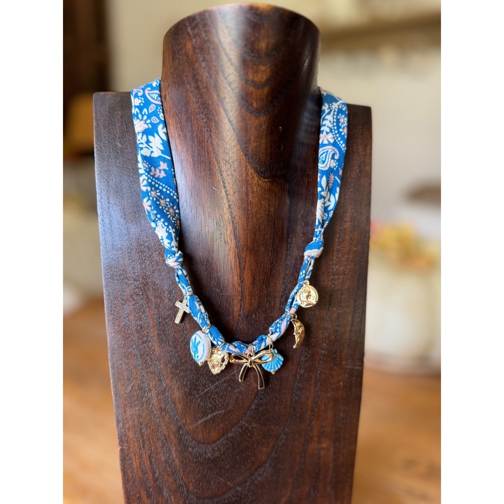 Charm Necklace Blue Floral Scarf Adjustable‎ Gold Tone Cross Bow Pendant NWT